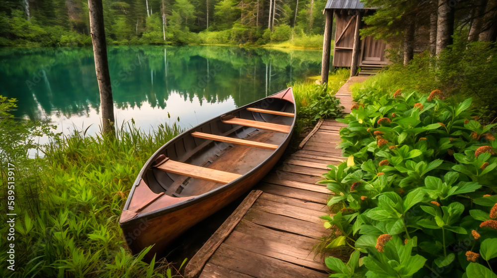 An alluring image of a wooden canoe docked near a luxurious lakeside cabin, inviting guests to embark on a serene and exclusive adventure An alluring image of a wooden canoe docked near a luxurious lakeside cabin, inviting guests to embark on a serene and exclusive adventure