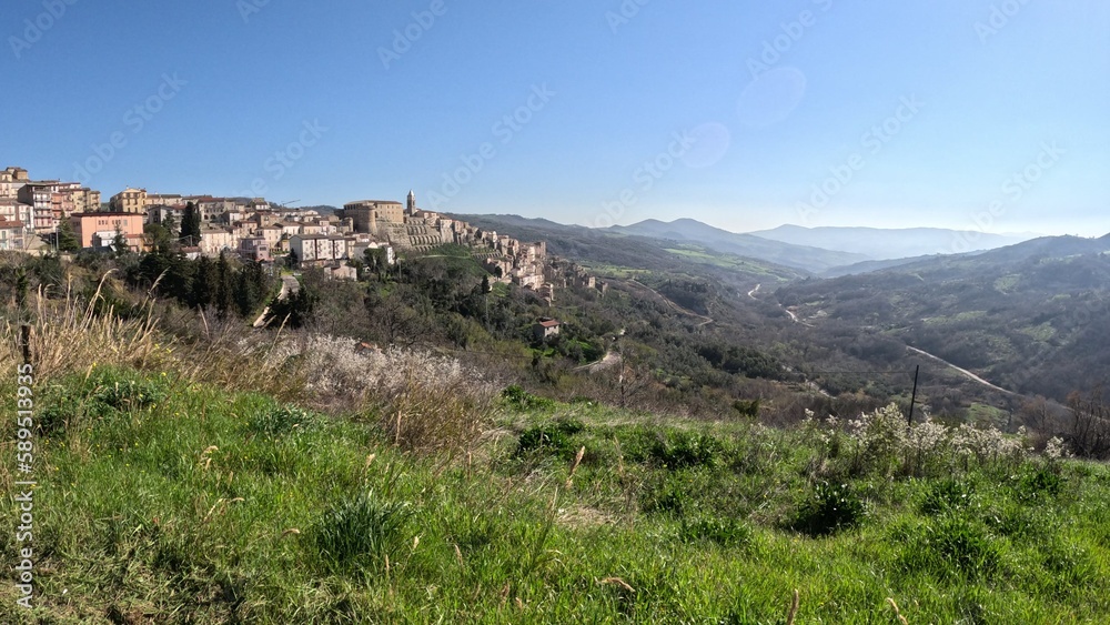 Panoramic view of Civitacampomarano, a town of Molise in the province of Campobasso, Italy.