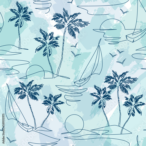 One line drawing tropical oasis island seamless pattern.