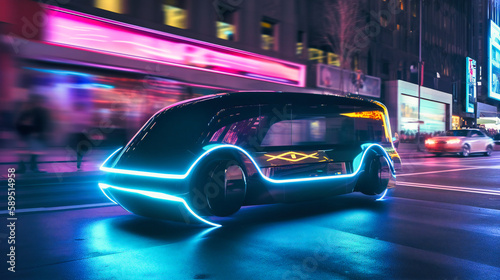 A futuristic electric cargo transport glides silently through the streets of a bustling city at night, its neon-lit exterior shining bright amidst the shadows