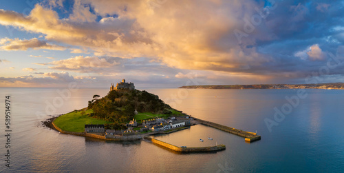Aerial view of St. Michael's Mount at dawn, Marazion, Cornwall