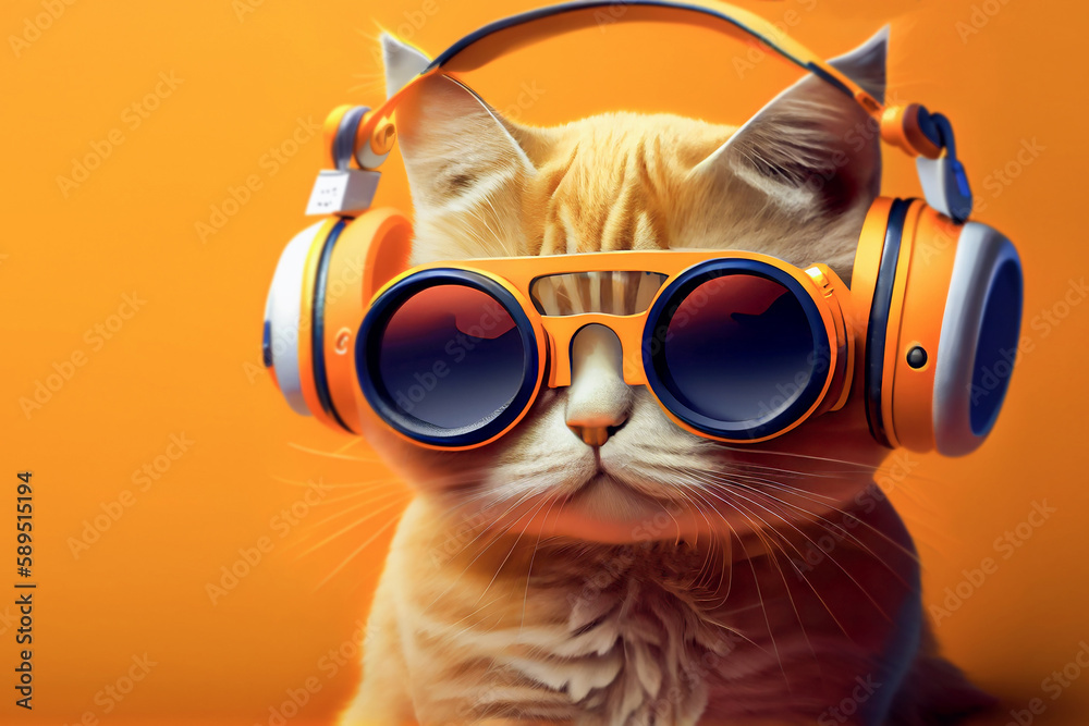 A red-haired cat with headphones and trendy glasses listens to electronic acid music on an orange background AI generated