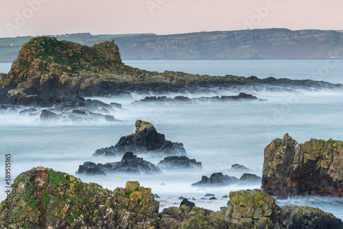Rocky outcrops near Ballintoy Harbour on the Causeway Coast, County Antrim, Ulster, Northern Ireland