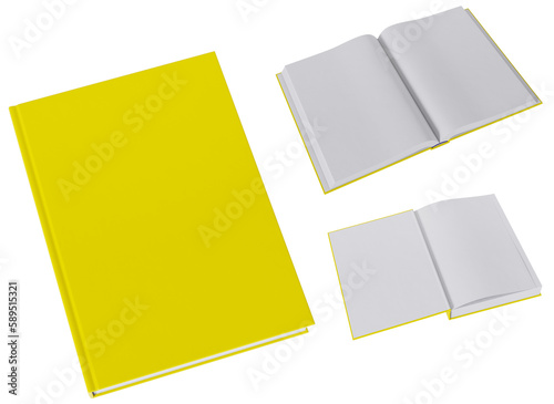Set of three book mockups in blank, yellow gloss, hardcovers. Closed, opened on first page and the middle. Image without background.