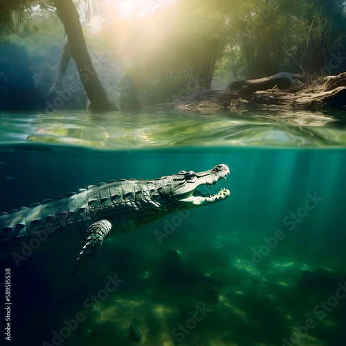 Large crocodile in the river created with Generative AI technology.