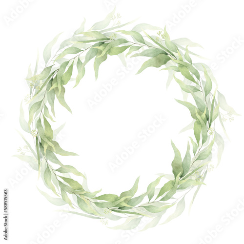 A round frame made of green branches and leaves. A wreath of foliage. Hand-drawn illustration. For wedding invitations  postcard design and stationery.