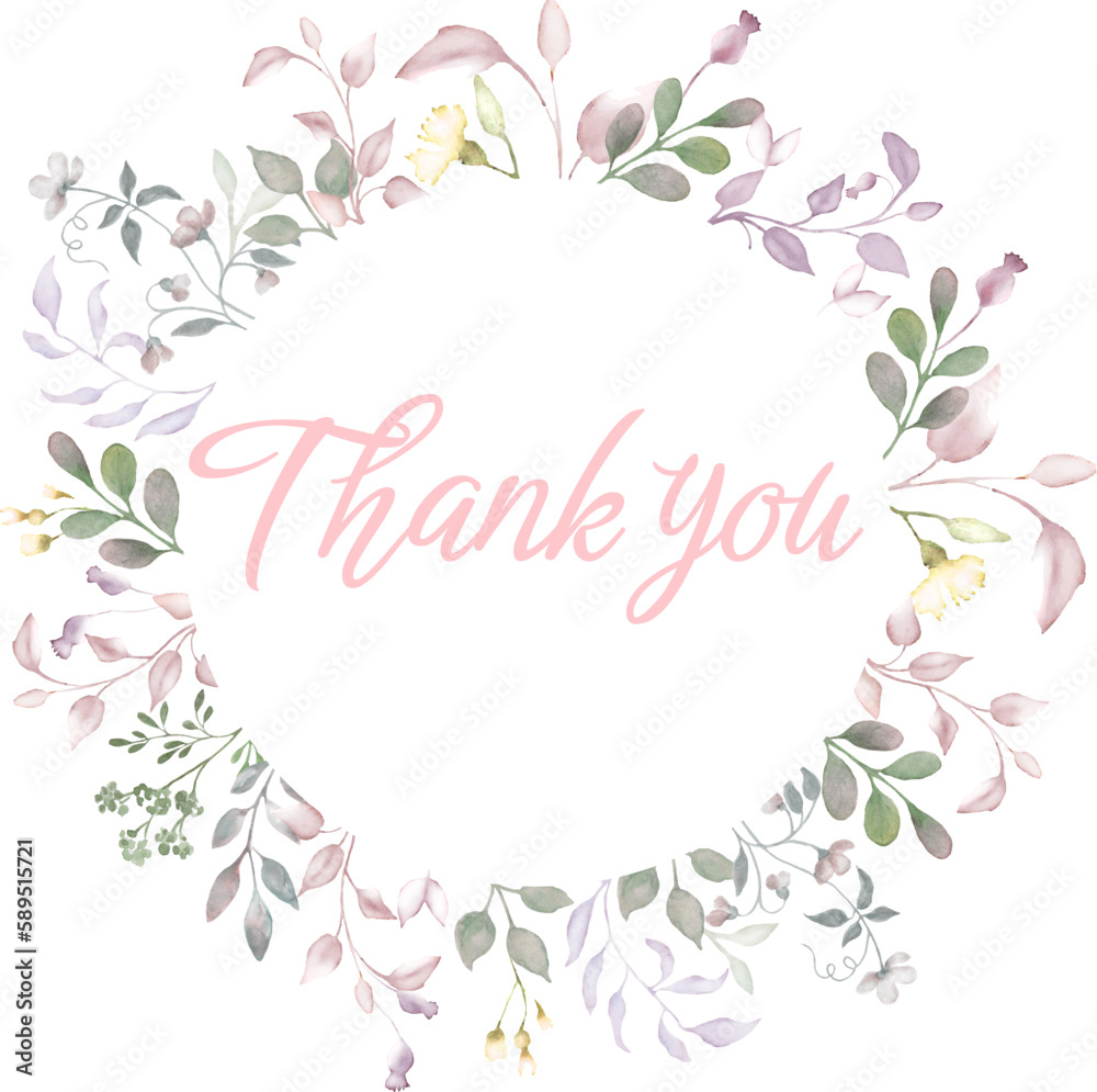 Watercolor wildflowers thank you card. Hand drawing floral illustration ...