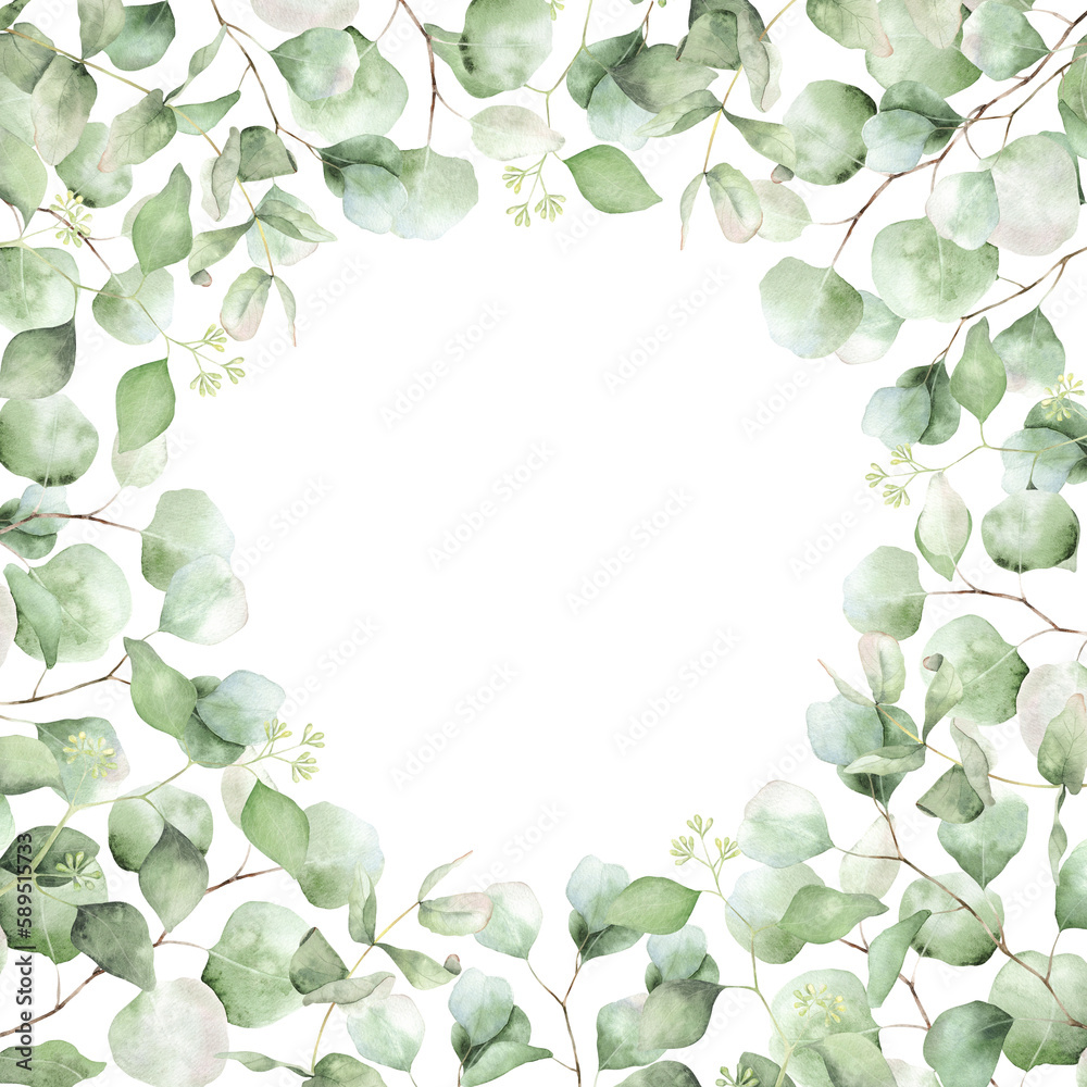 Obraz premium A round frame made of green branches and eucalyptus leaves. A wreath of eucalyptus. Hand-drawn illustration. For wedding invitations, postcard design and stationery.