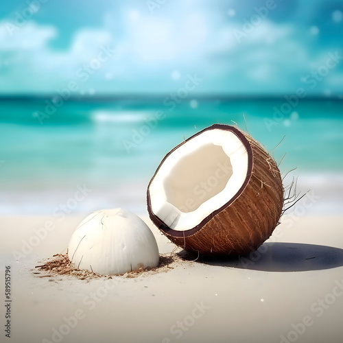 Coconuts on the beach created with Generative AI technology.