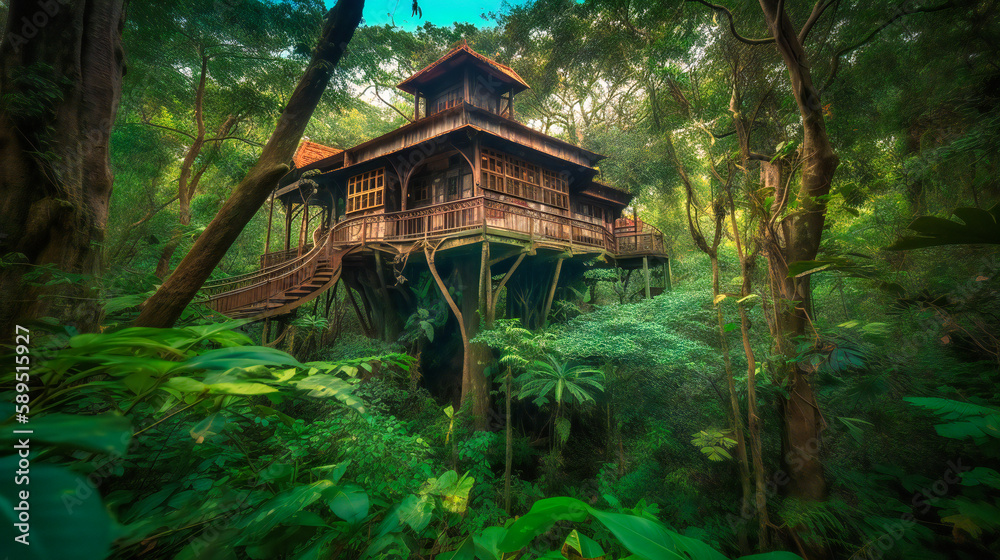 A captivating image of an elegant treehouse nestled high in a lush tropical forest, providing a unique and luxurious retreat