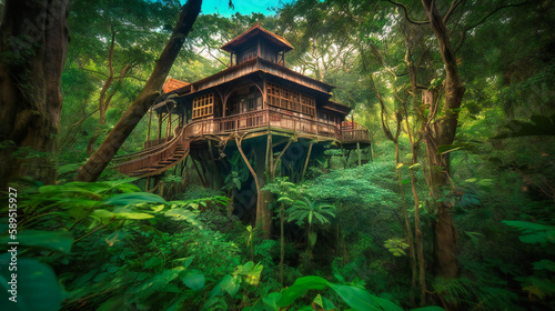 A captivating image of an elegant treehouse nestled high in a lush tropical forest, providing a unique and luxurious retreat © Nilima