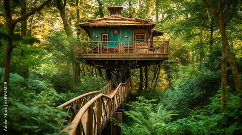 A striking image of an eco-friendly treehouse, showcasing an innovative design that harmoniously coexists with its natural environment © Nilima