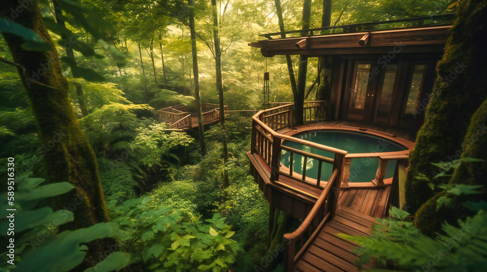 A captivating image of a luxurious treehouse spa nestled in the canopy, offering a rejuvenating and exclusive retreat amidst nature