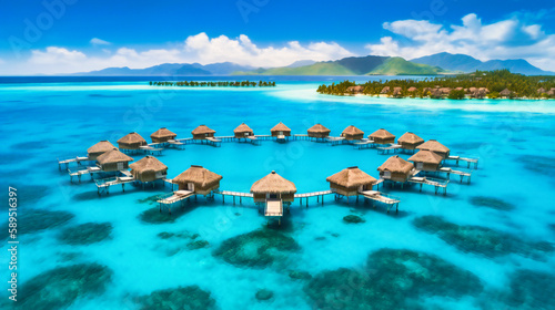 A stunning image of overwater bungalows offering a serene and luxurious getaway in a picturesque summer setting