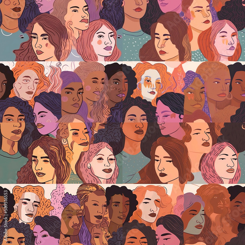 Generative AI illustration of multicultural women. Seamless pattern. photo