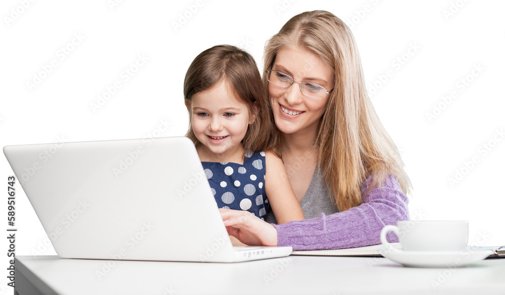 Happy busy mother working with a child on laptop