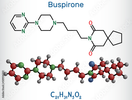 Buspirone molecule. It is anxiolytic drug for treatment of anxiety, depression. Structural chemical formula and molecule model. photo