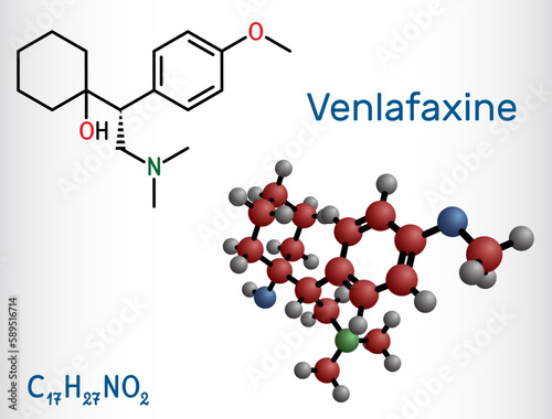 Venlafaxine antidepressant  drug molecule. It is used for the treatment of major depression. Structural chemical formula, molecule model.