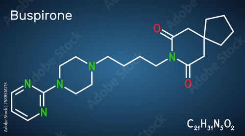 Buspirone molecule. It is anxiolytic drug for treatment of anxiety, depression. Structural chemical formula on the dark blue background.