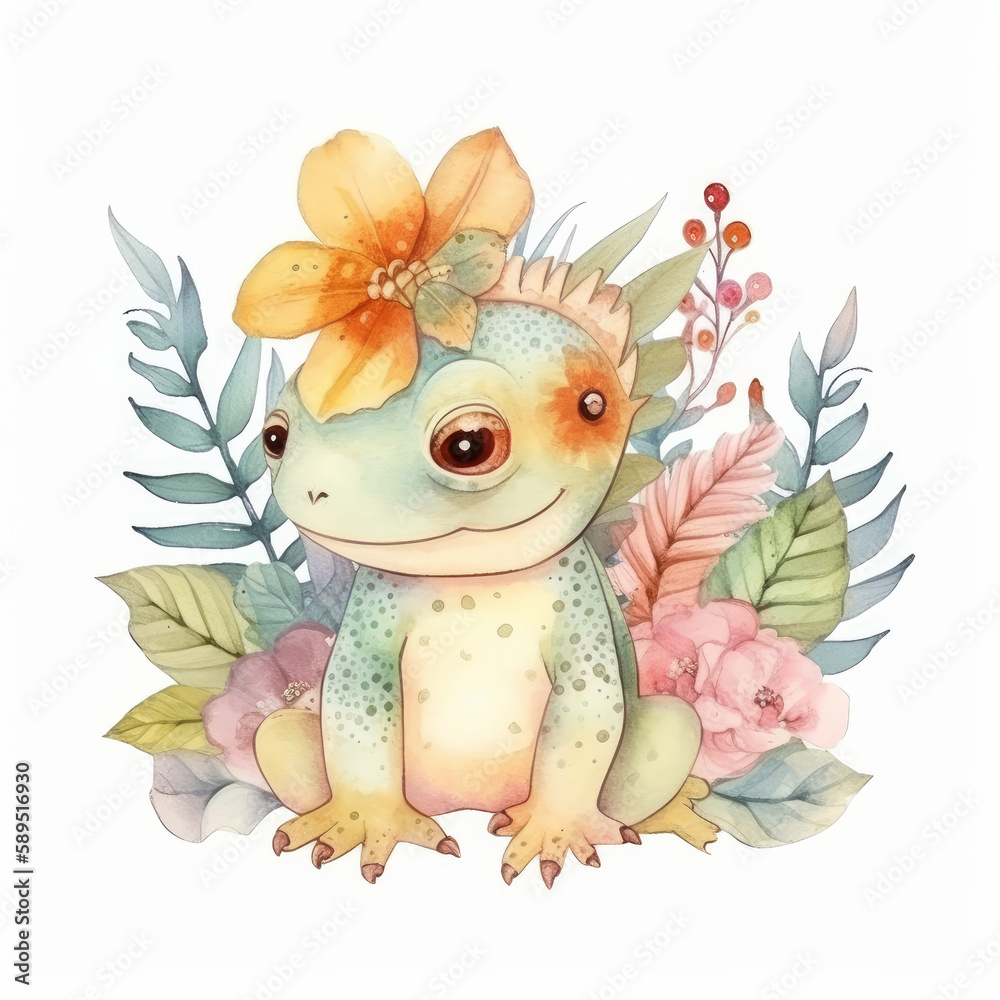 Cute watercolor iguana. Illustration Generative AI Cute watercolor iguana. Illustration Generative AI