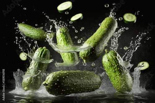 cucumbers in water splashes on a black background. generative ai  