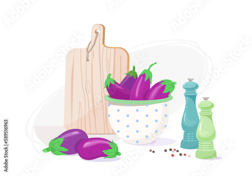 Ripe organic purple eggplants harvested from vegetable garden of country home, in bowl on kitchen table. Interior of kitchen with  cutting wooden board, pepper mill,  peppercorns. Vector illustration.
