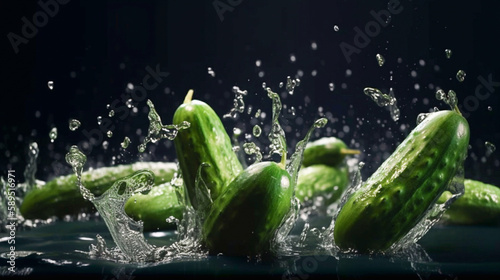 cucumbers in water splashes on a black background. generative ai  