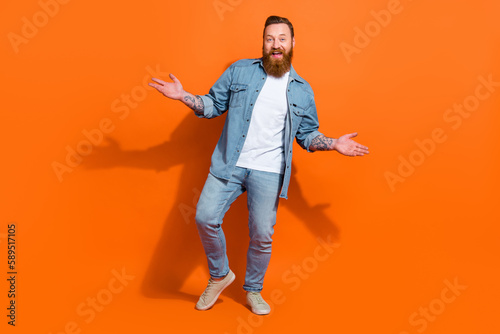 Full length photo of person feeling active advertise new collection discount welcome isolated on shine color background