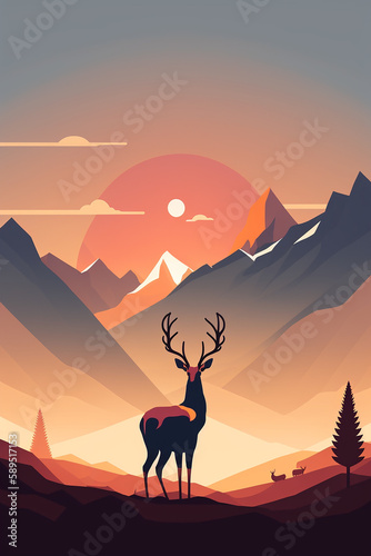 Minimalistic flat design deer silhouette mountain landscape illustration. Generative AI