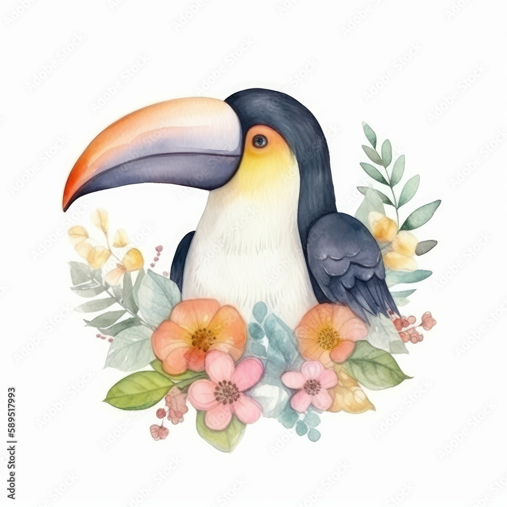 Naklejka premium Cute watercolor toucan bird. Illustration Generative AI.