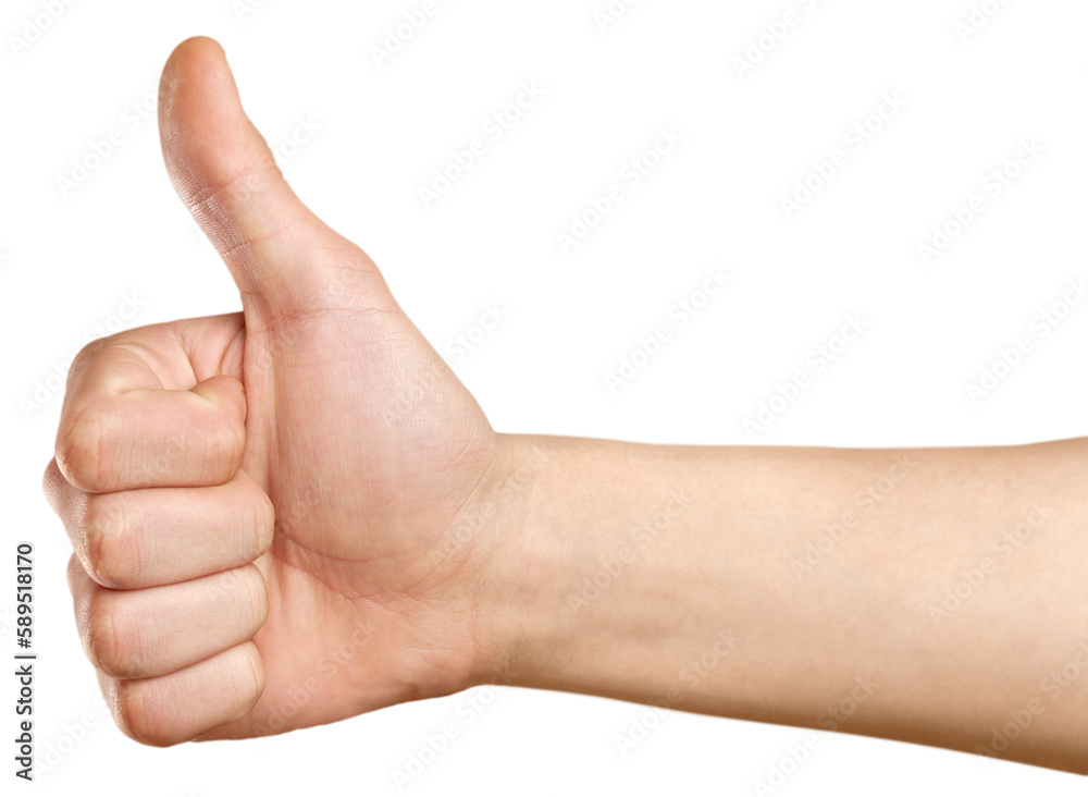 Closeup of male hand showing thumbs up sign against white background Closeup of male hand showing thumbs up sign against white background