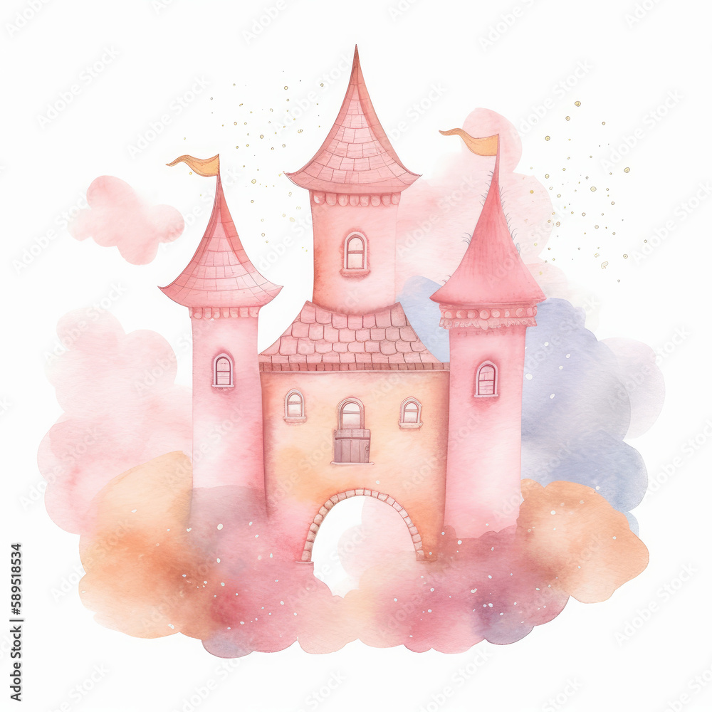 Pink Watercolor Castle Isolated. Illustration AI Generative.