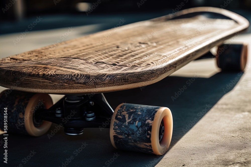 skateboard deck from a low angle, showing the underside and wheelbase