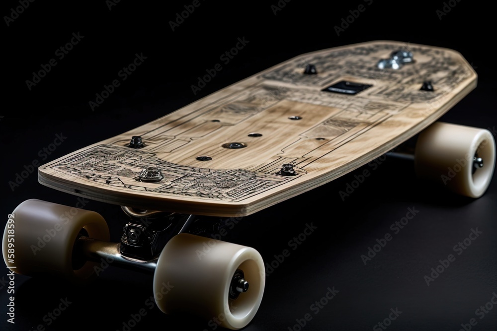 skateboard deck from a low angle, showing the underside and wheelbase