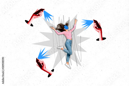 Creative abstract template graphics collage image of popular faceless lady getting paparazzi attention isolated drawing background