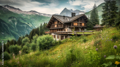 A tranquil image of a rustic, luxurious mountain chalet nestled among picturesque peaks, providing a peaceful escape