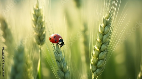 Ladybug on young green wheat. Copy space. Based on Generative AI