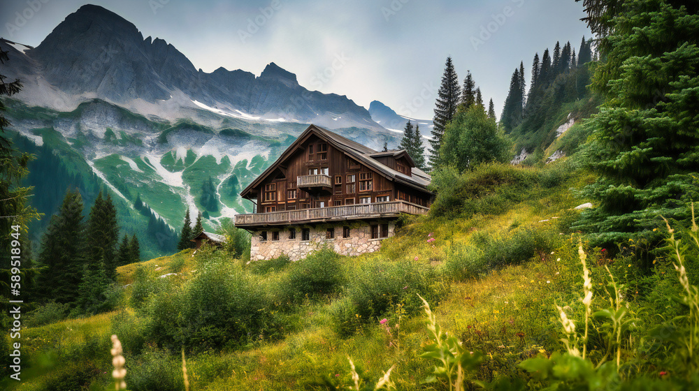 A tranquil image of a rustic, luxurious mountain chalet nestled among picturesque peaks, providing a peaceful escape