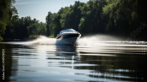 Tela A motorboat speeding down a calm river Generative AI