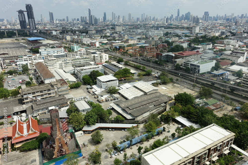 Wing view of temple and building complex on Rama 3 Road, Bangkok, Thailand