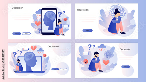 Depression mental. Mental health and psychotherapy concept. Anxiety, stress, psychological problems. Screen template for landing page, template, ui, web, mobile app, poster, banner, flyer. Vector 