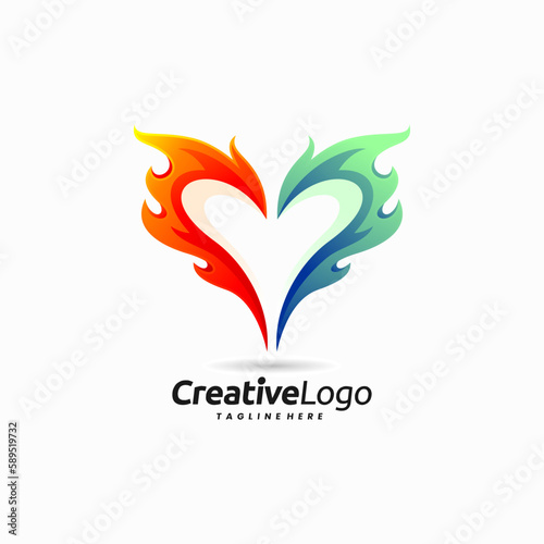 fire logo with love or heart shape concept