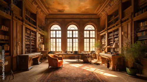 An extraordinary image of an exquisite library within a countryside manor, offering a serene and elegant retreat for bibliophiles