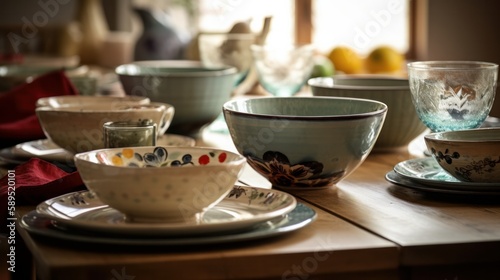 variety set of tradition bowl dish on dining table daylight, image ai generate