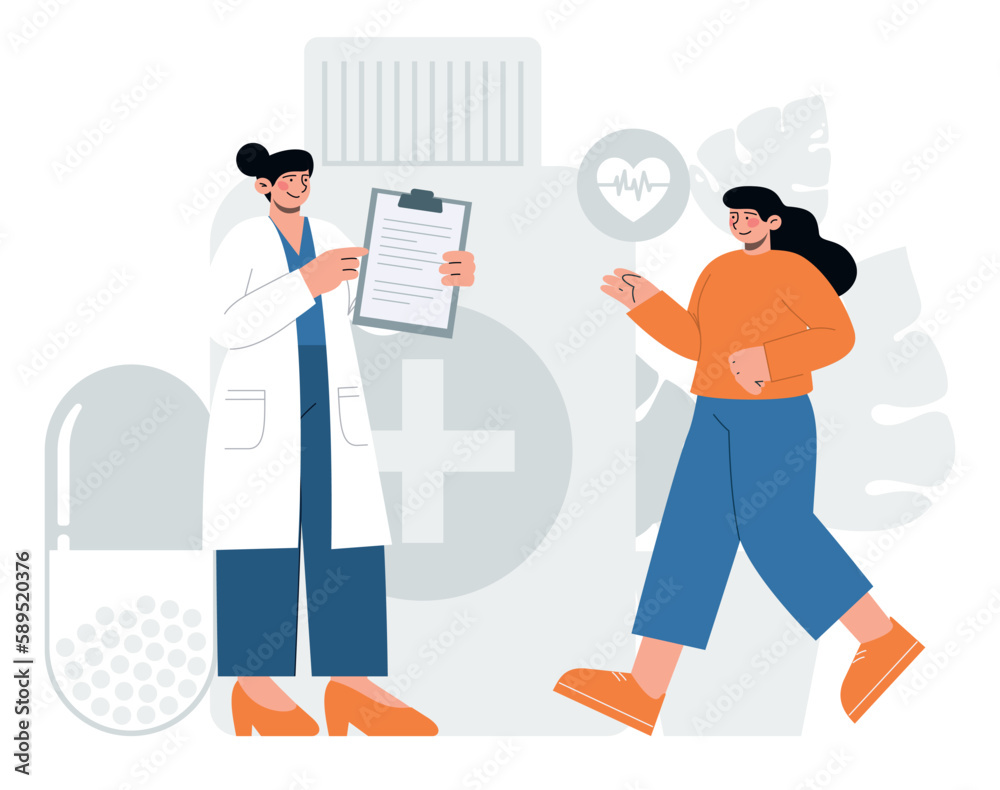 Doctor with prescription pad and healthy woman . Flat vector minimalist illustration of hospital equipment, doctors and medicines. Doctor with prescription pad and healthy woman . Flat vector minimalist illustration of hospital equipment, doctors and medicines.
