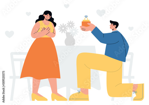Man standing on one knee with a propose ring near his girlfriend. Flat vector minimalist illustration of proposal day