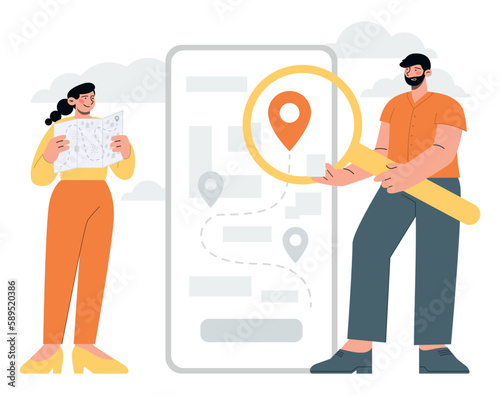 People use navigation application on smartphone with glass lens. Flat vector minimalist illustration with route, map and location marker