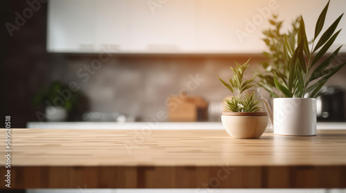 Empty wooden table on kitchen background. Illustration AI Generative