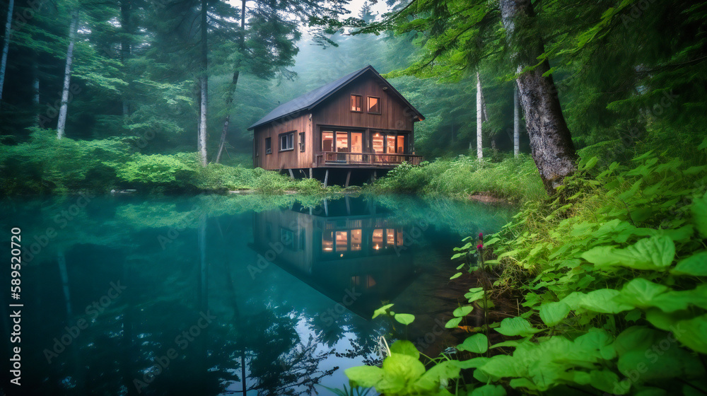 A captivating image of a secluded cabin situated on the shores of a tranquil lake, providing a serene and luxurious escape in nature