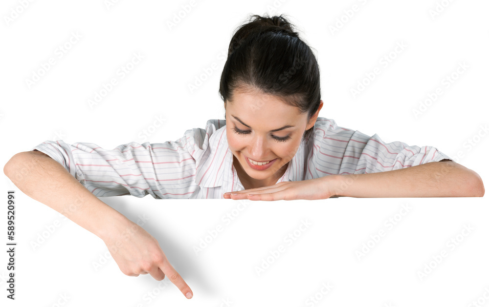 Happy smiling young woman showing blank signboard, isolated on white background Happy smiling young woman showing blank signboard, isolated on white background
